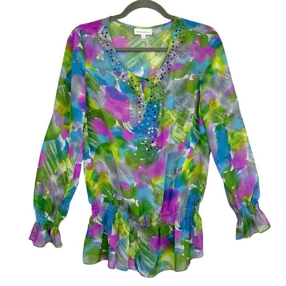 Fashion Bug Tops - Vintage 90s Y2K Fairy Sheer Beaded Sequin Floral Multicolor Blouse M Drop Waist